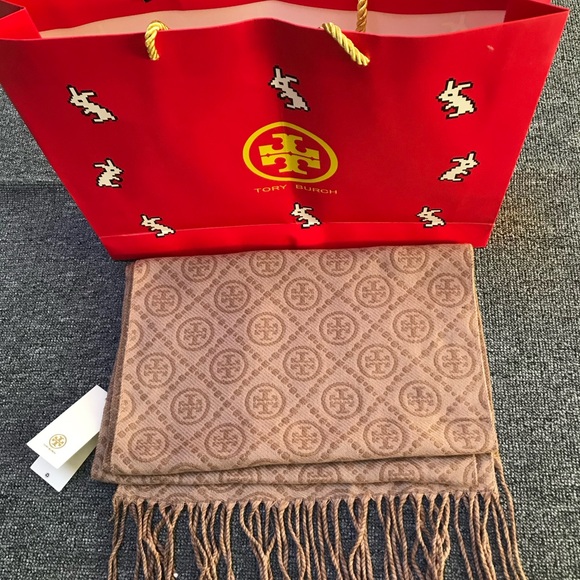 Tory Burch Tan Monogram Fringe Scarf - Picture 5 of 6